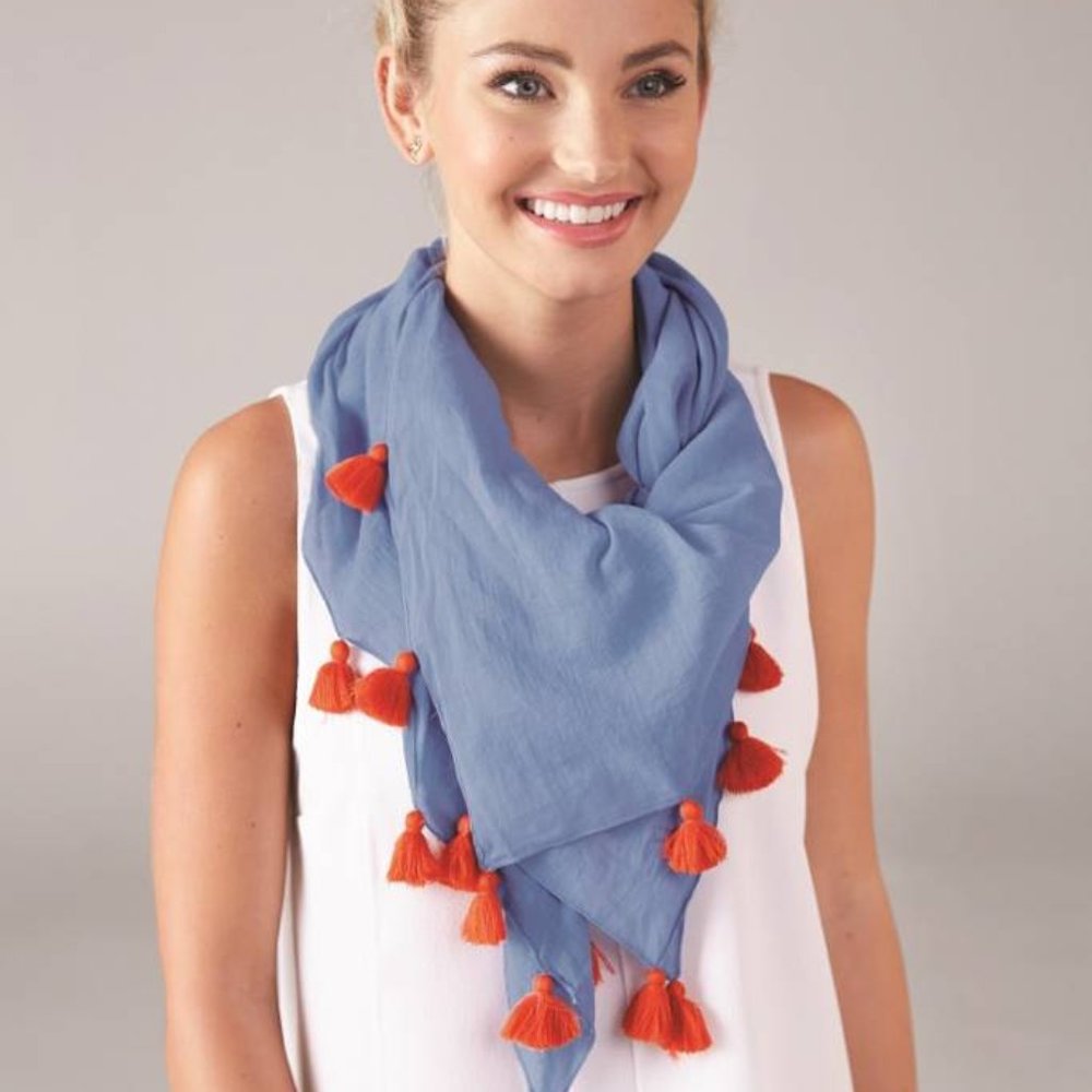 Mud-Pie Cotton Blue & Orange Tassel Scarf